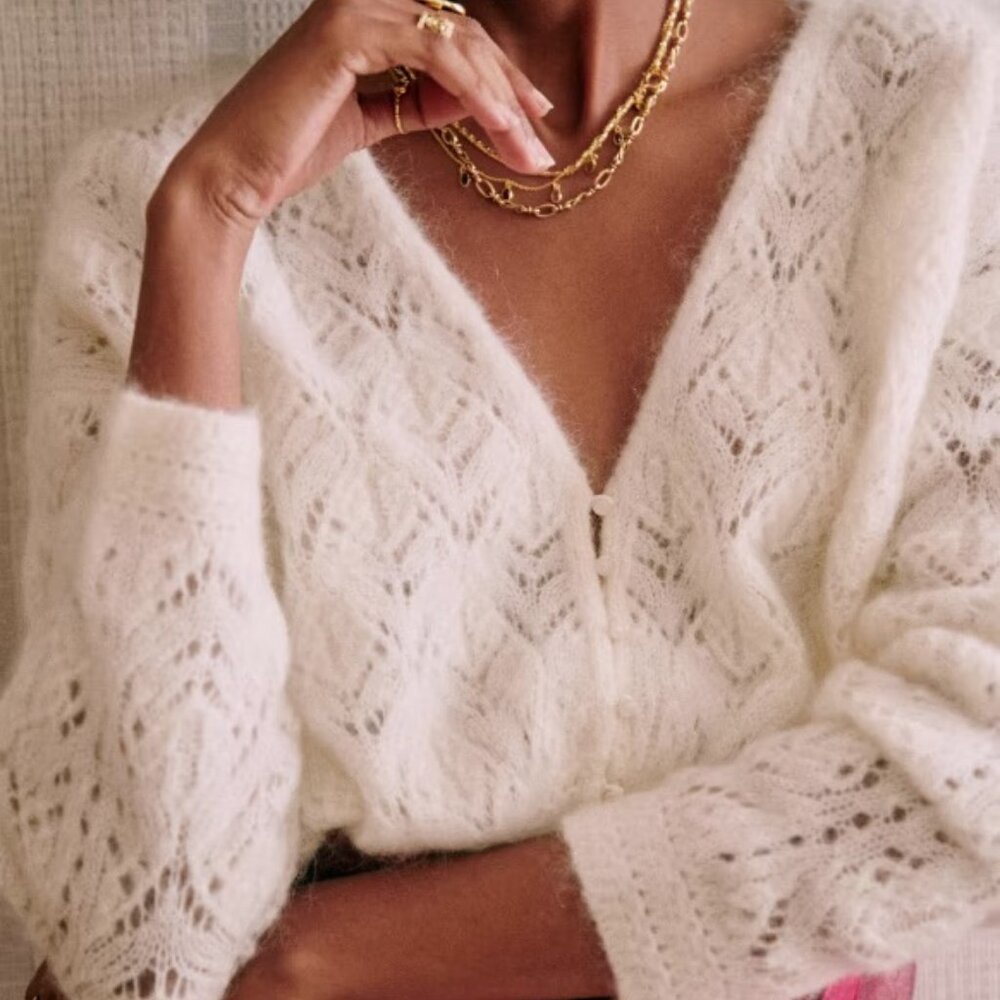 Sezane White Lace Knit Cardigan